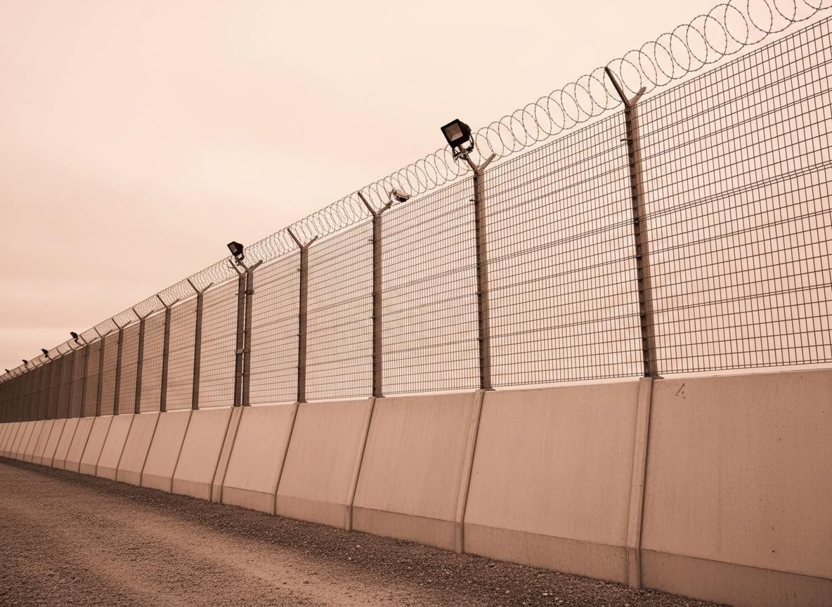 Mesh security fence on a concrete wall
